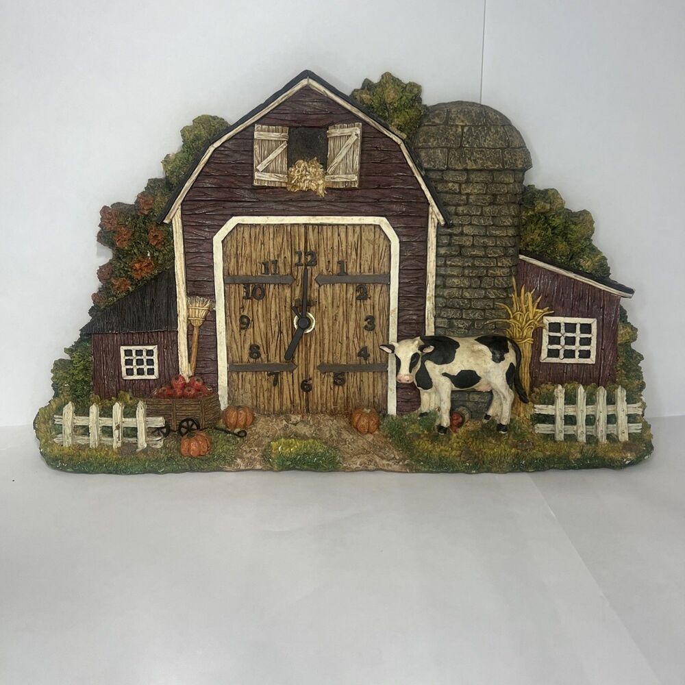 Vintage Hand Painted Ceramic Cow Barn Clock Farm Country (Tested/Working)